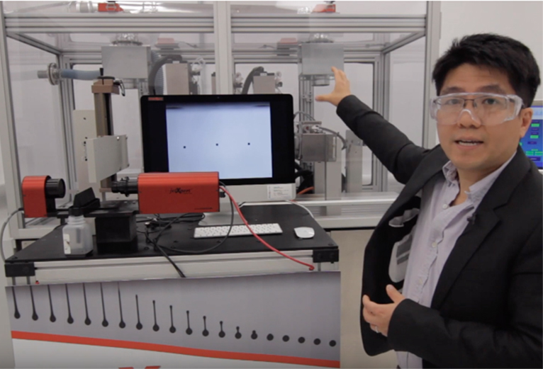 Chemical Engineering Professor Anson Ma explains the "drop watcher system" on HuskyJet, which gives the user the ability to test and measure the droplet volume, velocity, and trajectory of any new ink or substance to achieve optimal printing performance.