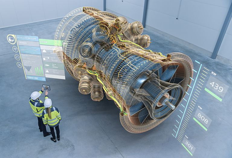 image of Industry 4.0 Two Engineers Standing and Talking in Factory Workshop with Augmented Reality 3D Model Concept of Giant Turbine Engine. Graphics Visualization. High Angle Shot. VFX Special Visual Effects