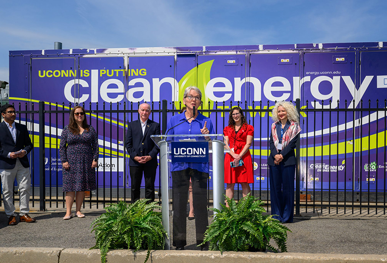 photo of U.S. Secretary of Energy Jennifer Granholm speaks a press conference at the Center for Clean Energy Engineering on May 20, 2022. (Peter Morenus/UConn Photo)