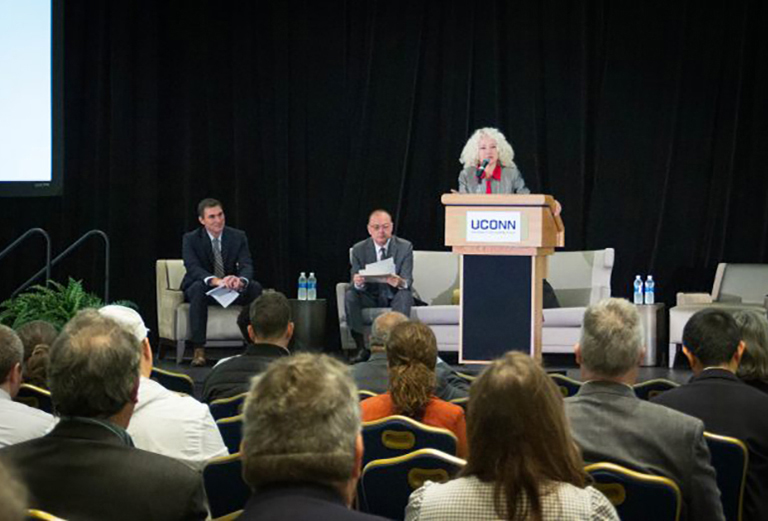 photo of UConn President Radenka Maric addresses the Navigating Climate Change and Energy Security in the Northeast Conference in Hartford on October 24, 2022. (Christopher LaRosa / UConn Engineering Photo)
