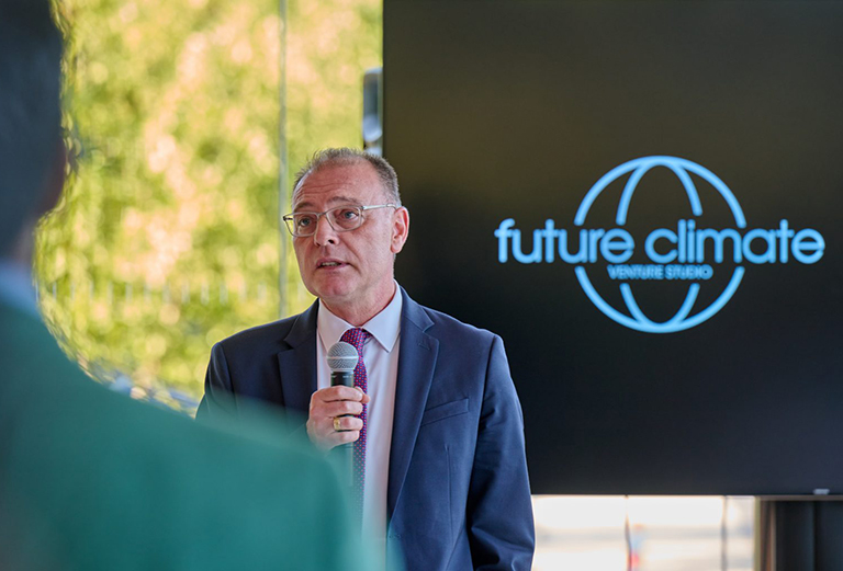photo of Pamir Alpay, vice president for research, innovation, and entrepreneurship, speaks during a reception to welcome a new cohort of companies to the Future Climate Venture Studio held at the Innovation Partnership Building on Sept. 20, 2023. (Peter Morenus/UConn Photo)
