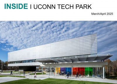 Image of Innovation Partnership Building, UConn. Mar Apr 2025 newsletter cover